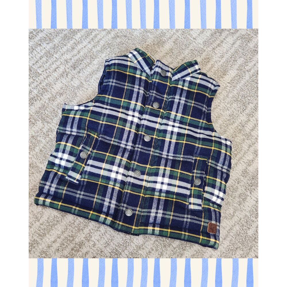 JANIE & JACK toddler plaid flannel puffer vest blue green size 12-18 months
